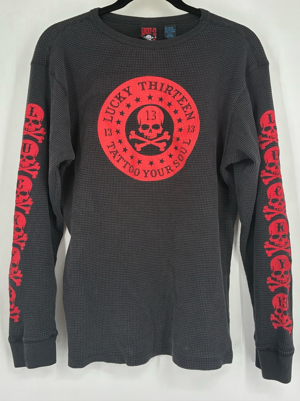 Vintage Y2K Lucky 13 Mens Black Thermal Long Sleeve Skull Black Shirt Waffle AOP